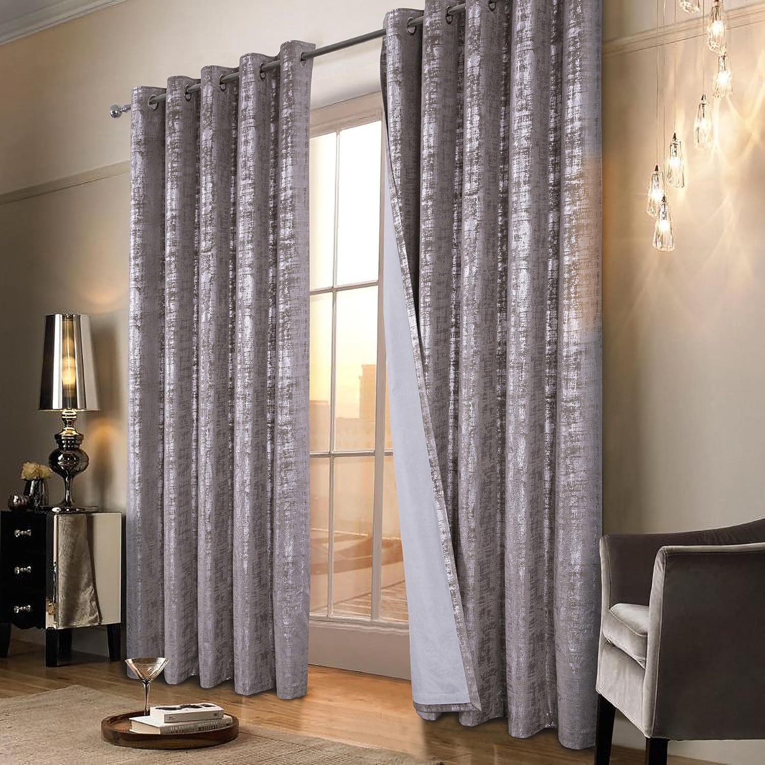 always4u 100% Blackout Soft Velvet Curtains for Bedroom Living Room Thermal Energy Saving 95 Inches Long Luxury Silver Foil Print Drapes 2 Panels Champagne