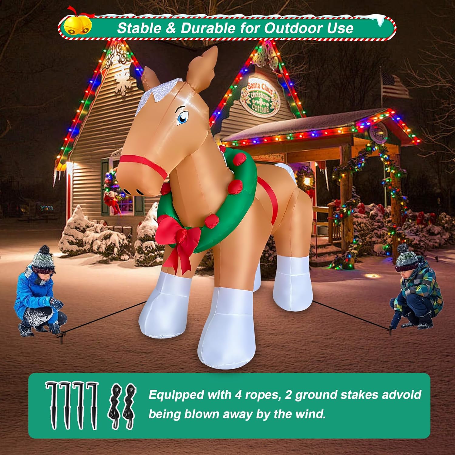SEASONBLOW 5 FT Christmas Inflatable Horse Decoration, LED Lighted Xmas Horse Blow Up Decor for Farm Lawn Yard Garden Home Indoor Outdoor Holiday Party - Image 4