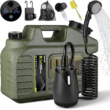 Portable Camping Shower with Water Jug, 8000mAh Rechargeable Camp Shower Kit, IPX8 Waterproof Pump, Adjustable Shower Head, Portable Shower for Camping, Pet Bath, Car Wash, Plant Watering