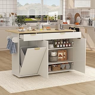 Kitchen Island with Storage, Rolling Kitchen Island Cart with Drop Leaf Countertop, Drawers, Bar Cart Cabinet Island Table with Spice Rack & Outlets & Towel Rack, Mobile Island Table for Kitchen