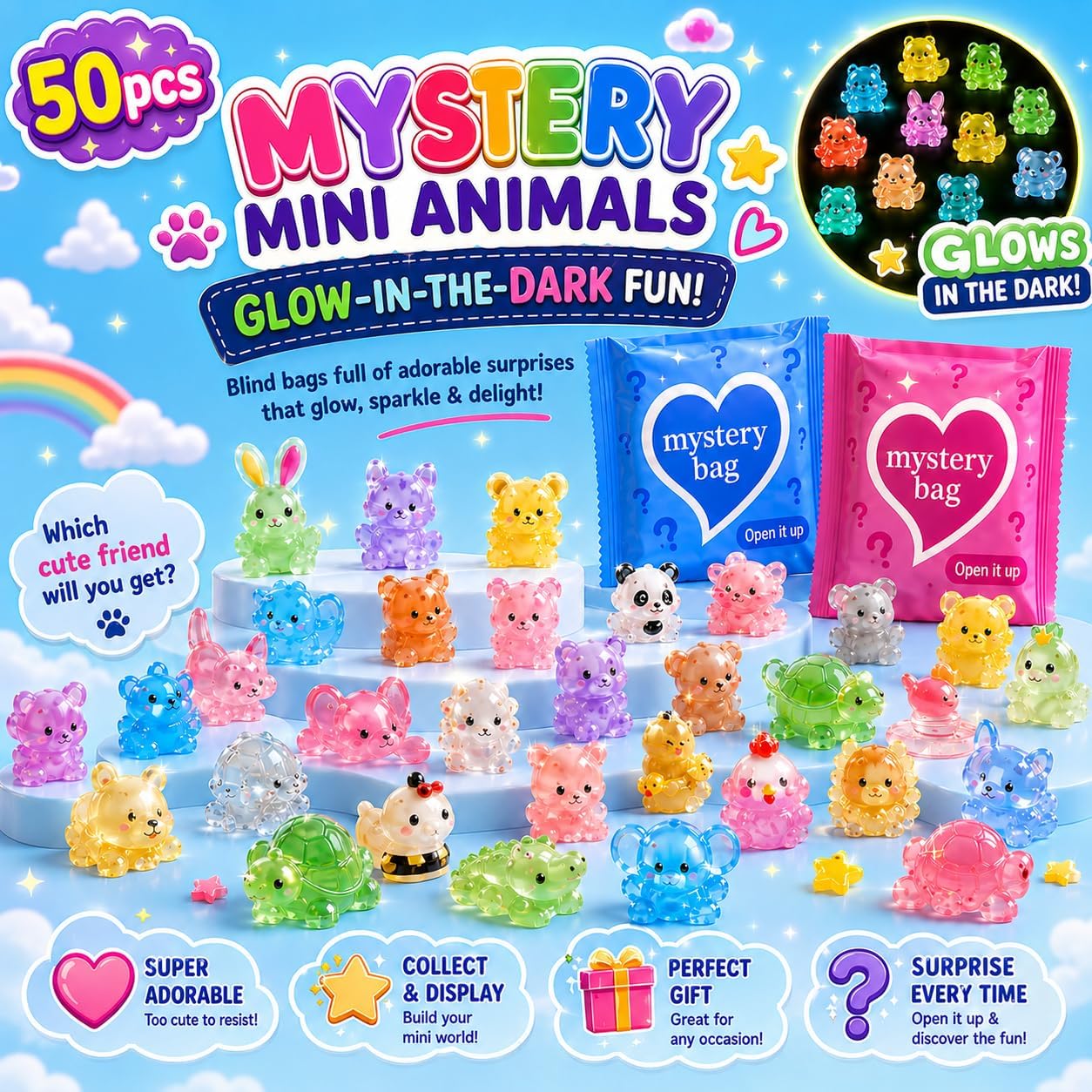 50pcs Glow in the Dark Resin Animals Mystery Blind Bags, Mini Resin Animal Figures Collection, Surprise Toy Tiny Figurines for Kid Birthday Party Favors Classroom Prize DIY Crafts Fairy Garden Gifts