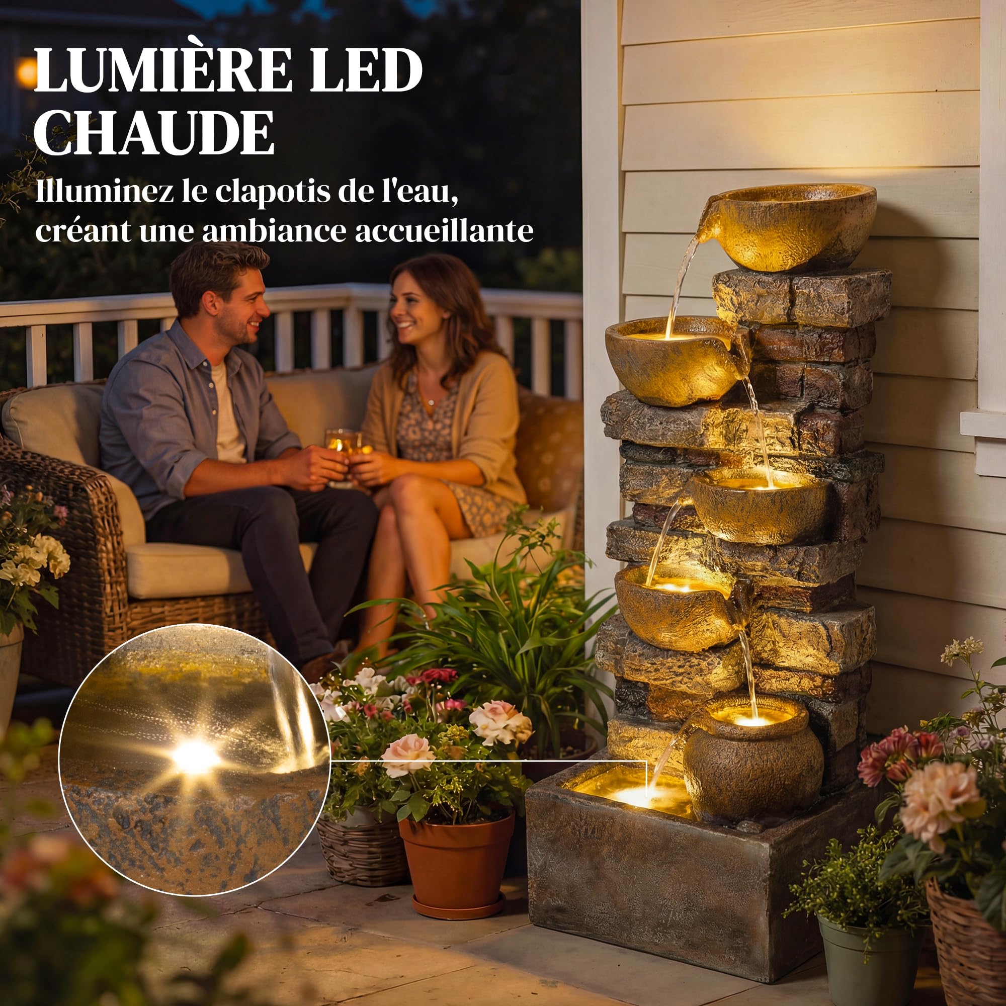 Outsunny Fontaine Extérieure 72 cm avec 5 Niveaux de Pichets Rustiques et Design Roche, Cascade Moderne avec Lumières LED, Débit Réglable, Fontaine de Jardin Autoportante en Résine, Marron Rustique
