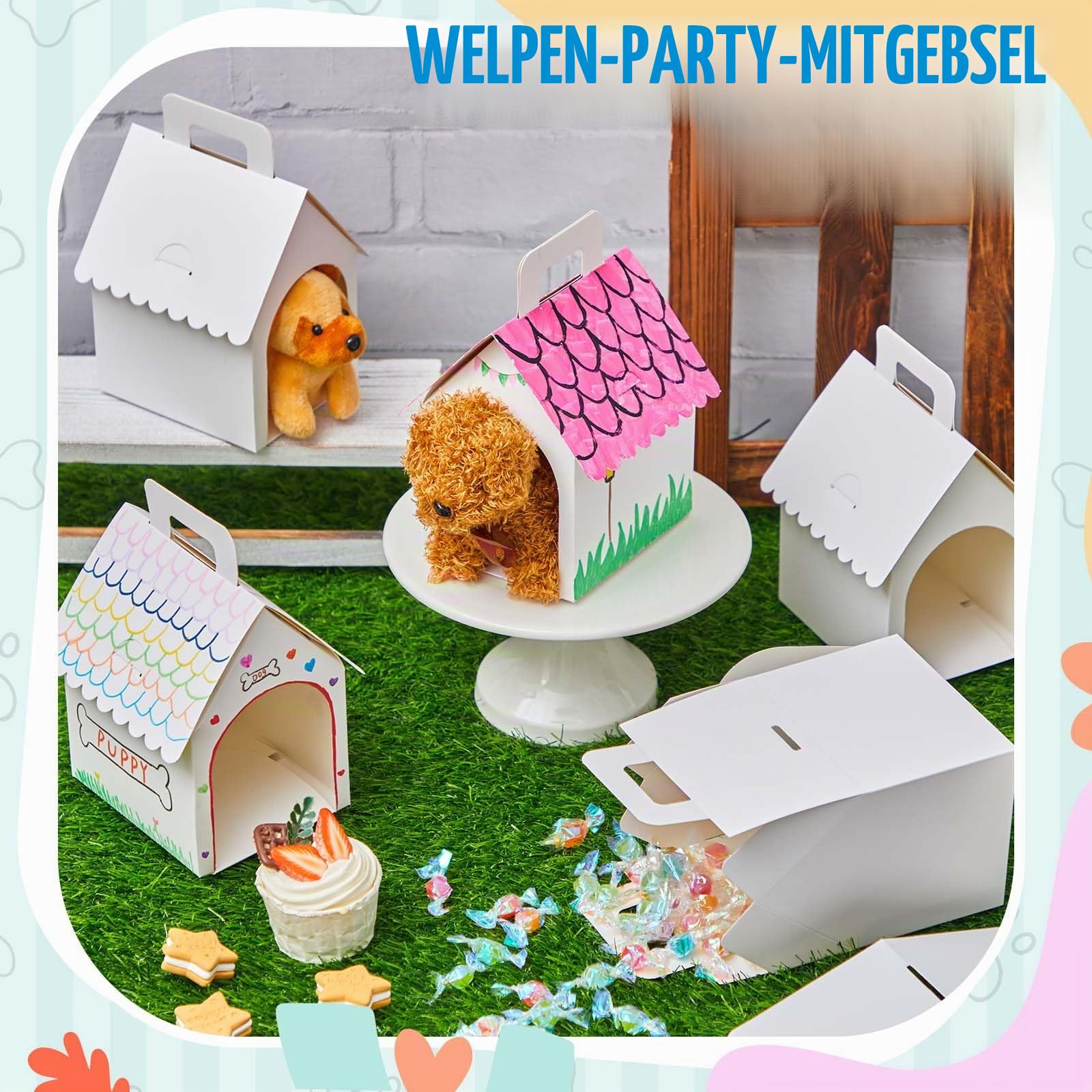 ShinyRelief 24 Stück Hunde-Partygeschenkboxen in Hundehaus-Form, Leckerli-Geschenkboxen mit Löchern, faltbar, mit Griff, für Welpen, Partygeschenke, Kinder, Basteln, Geburtstag, Hausstil, 24 Stück
