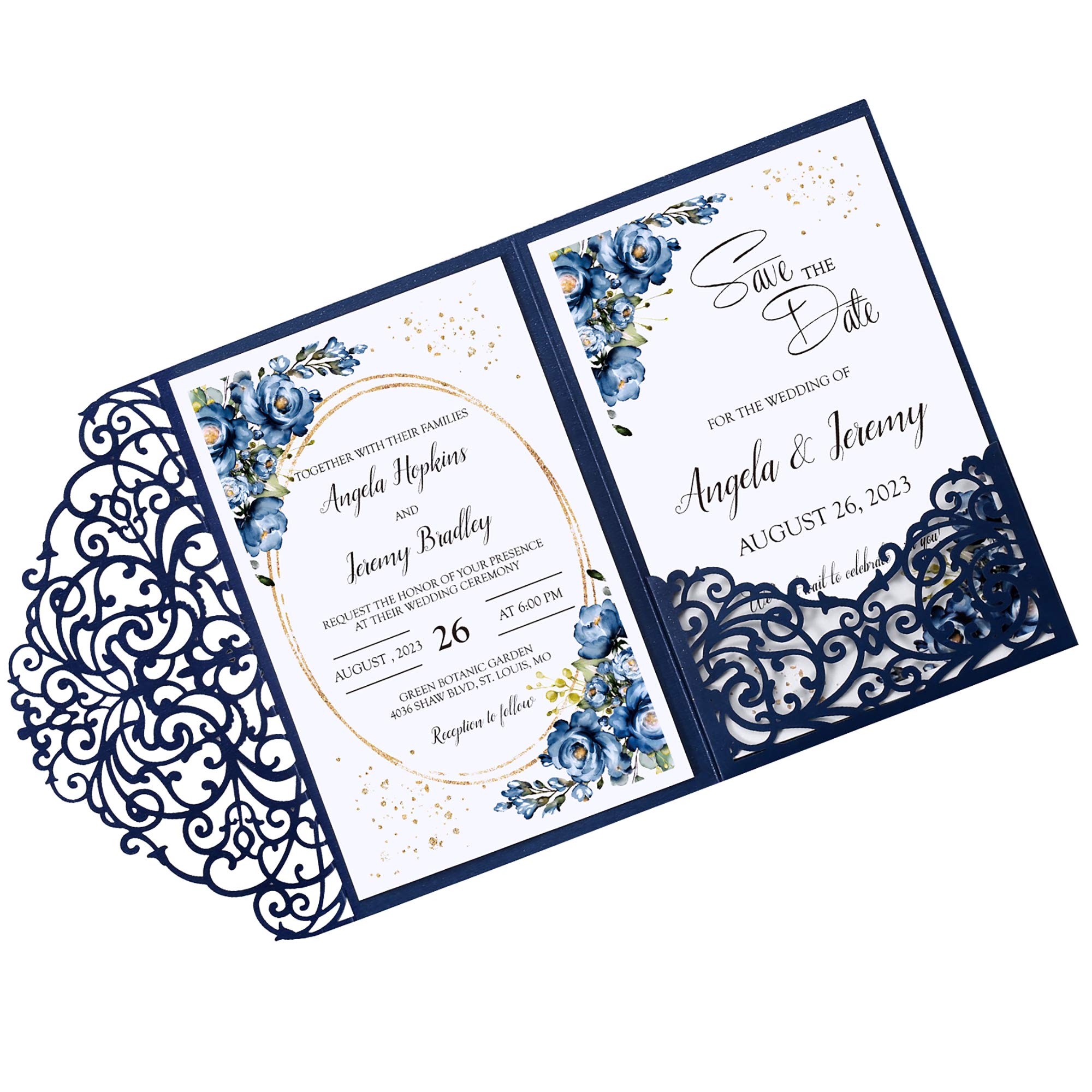 DORIS HOME 50pcs Blue blank 4.7x7 Inch Wedding Invitation Kits Laser Cut Hollow Rose Pocket Wedding Invitations with Envelopes For Wedding Bridal Shower Engagement Invite