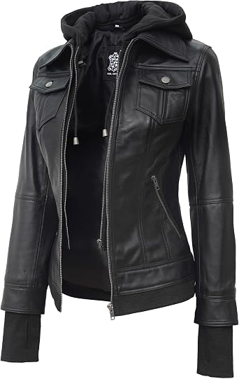 fjackets Genuine Leather Jacket Women - Real Lambskin Hooded Moto Jacket with Removable Hood
