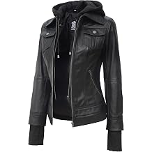 fjackets Genuine Leather Jacket Women - Real Lambskin Hooded Moto Jacket with Removable Hood