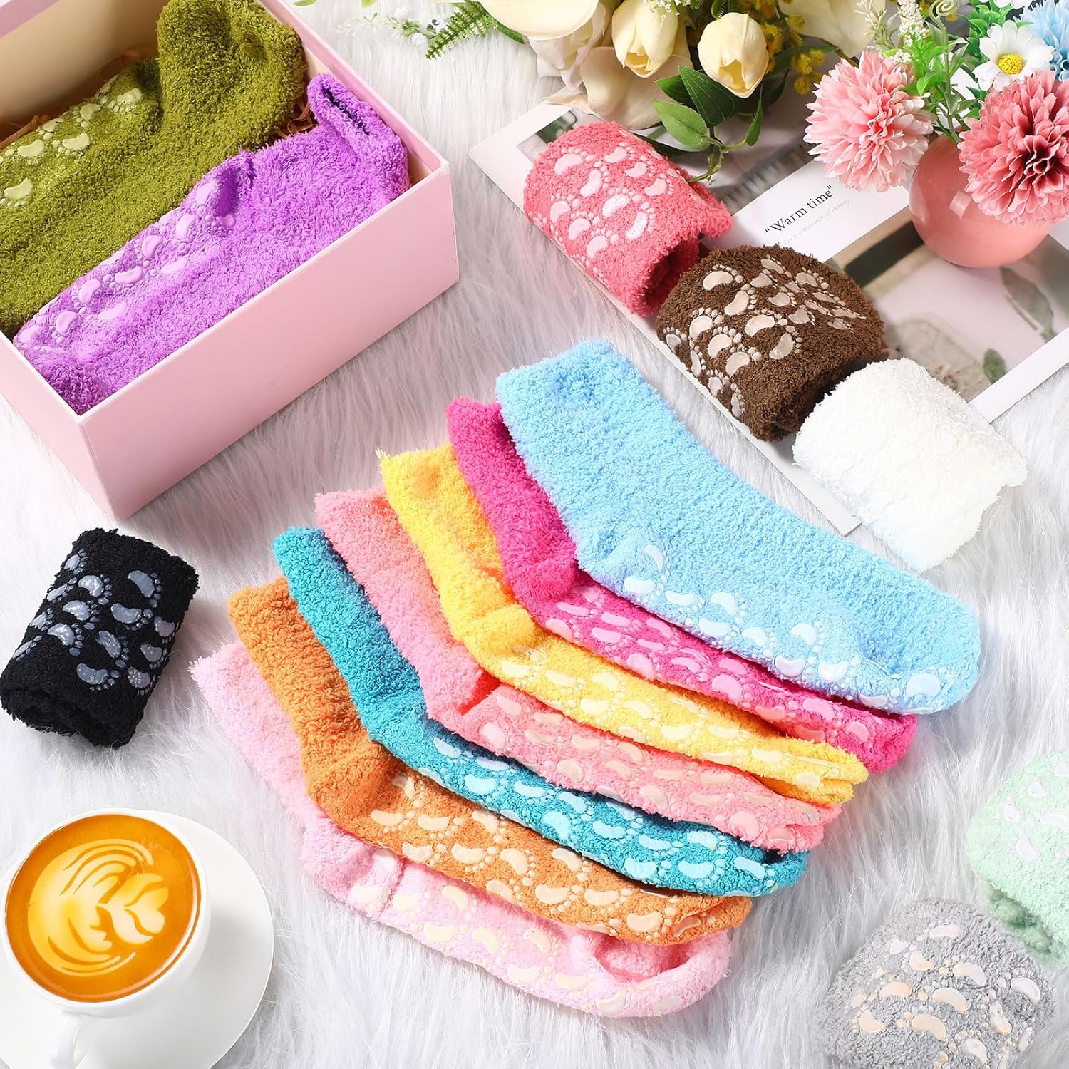 Liitrsh 30 Pack Women Fuzzy Socks Bulk with Grip Winter Warm Fluffy Non Slip Sleeping Sock for Christmas Indoor - Image 3