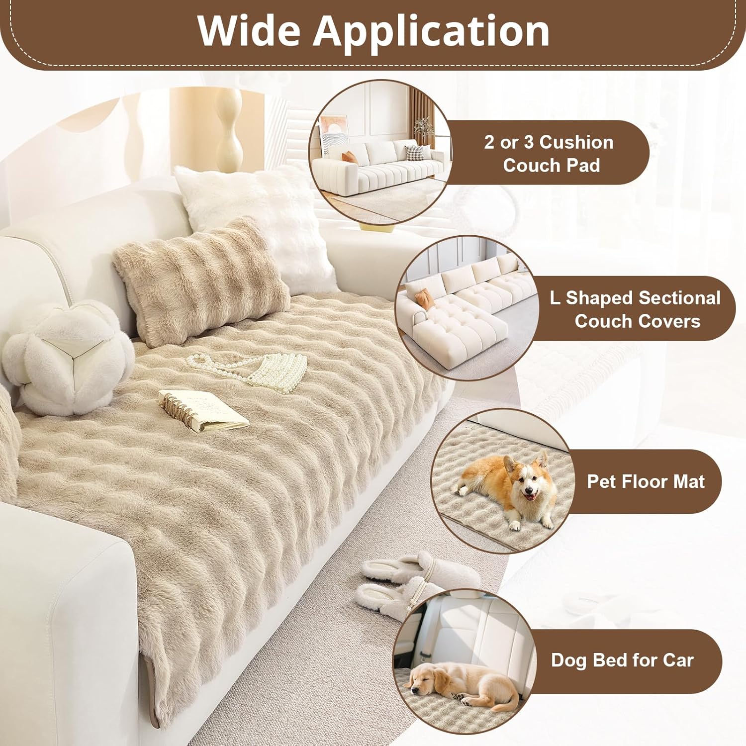 OstepDecor Faux Fur Couch Cover, Soft Plush Couch Covers for Sofa, Fuzzy Cozy Bubble Sofa Covers Washable, Pet Friendly Couch Protectors for Dogs, Dog Mat for Couches and Sofas (35.4" x 70.9", Khaki)