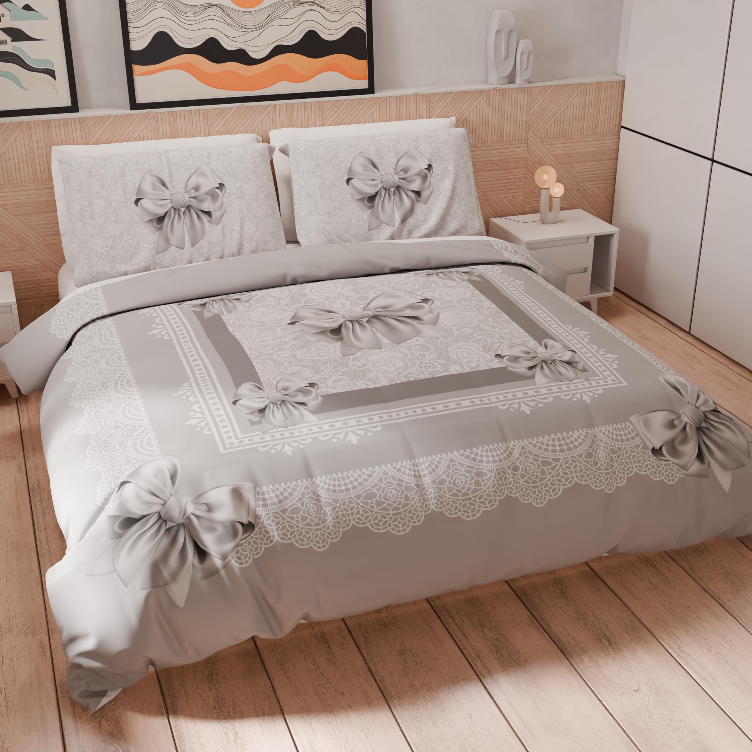 PETTI Artigiani Italiani - Double Duvet Cover, Duvet Cover, Duvet Cover and Pillowcases, Duvet Cover Set, 100% Made in Italy, Grey Bow