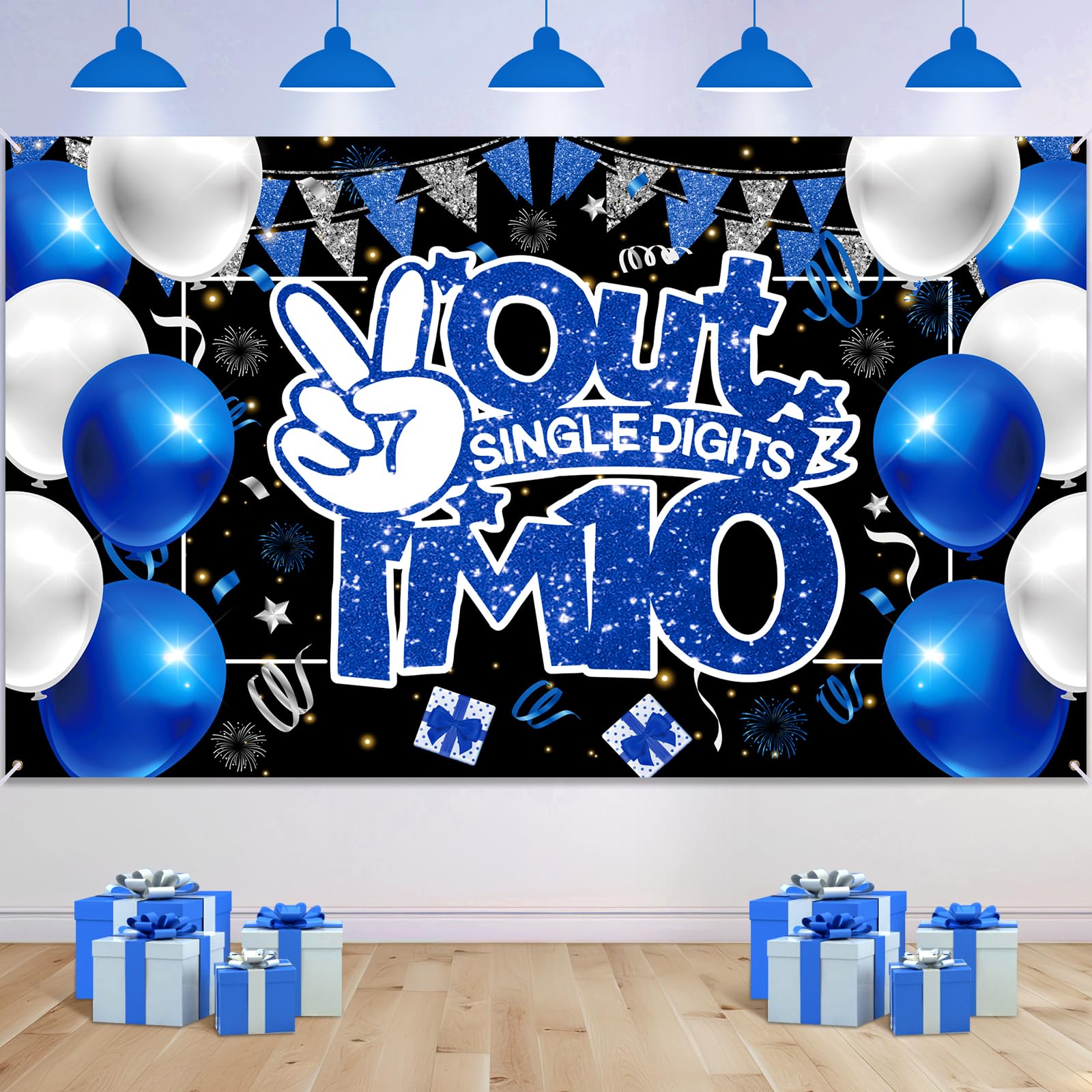 10th Birthday Decorations for Boys Blue Black Happy 10th Birthday Backdrop Banner Out Single Digits I'm 10 Banner for Double Digits Birthday Anniversary Party Supplies Indoor Outdoor Decor 70.8x43.3“
