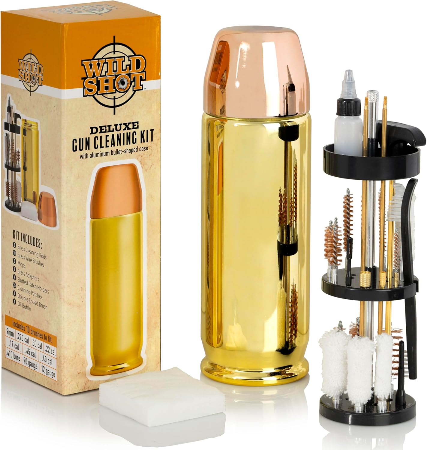 Deluxe Gun Cleaning Kit with Aluminum Hollow-Point Bullet-Shaped Storage Case, Cleaning Tools to Effectively Maintain Handguns, Shotguns and Rifles