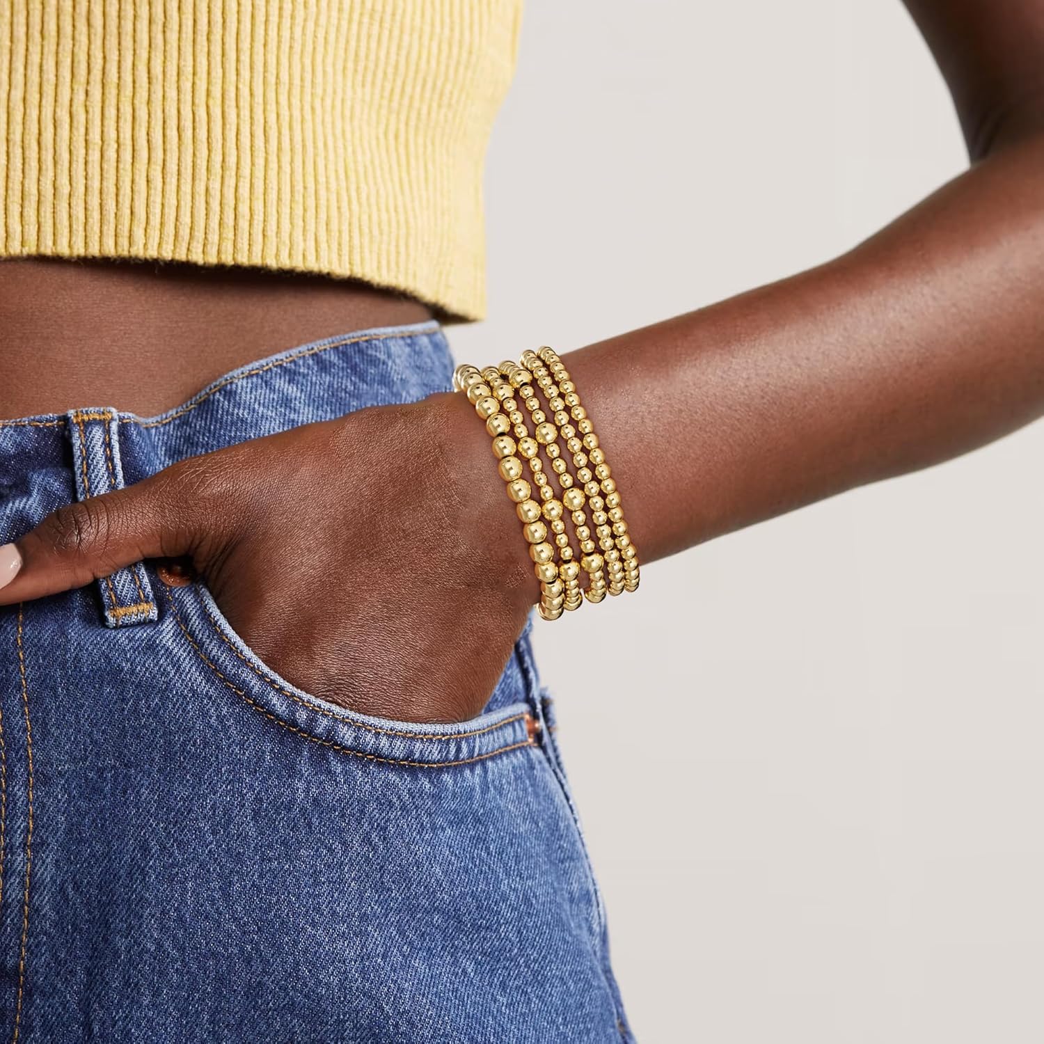 Gold Bracelets for Women, 14K Gold Plated Beaded Bracelets Gold Strand Bead Ball Bracelet Stack Set Adjustable Bracelet Set Waterproof Jewelry for Women Gifts Non Tarnish - Image 3