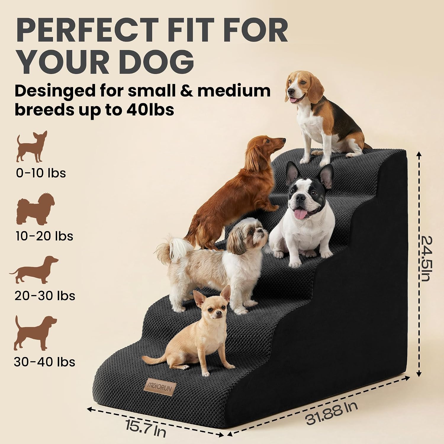 Miorun Dog Stairs for High Beds, 24.5" Foam Pet Ramp Step for Small Dogs | CertiPUR-US,5-step dog stairs with 30D foam,non-slip base,fits beds up to 30"tall,small-medium dogs,cats up to 40 lbs