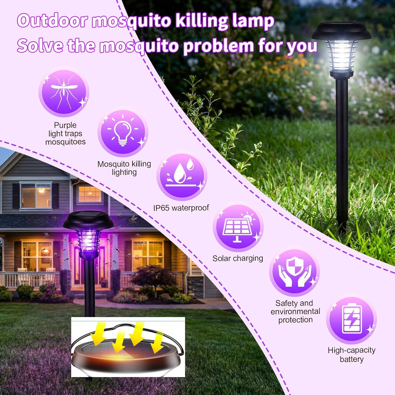 4 Pcs Solar Bug Zapper Waterproof Mosquito Zapper Killer and Lighting Repellent Lamp for Indoor Outdoor Use Garden Patio Lawn (Plastic,Purple & Soft Light)