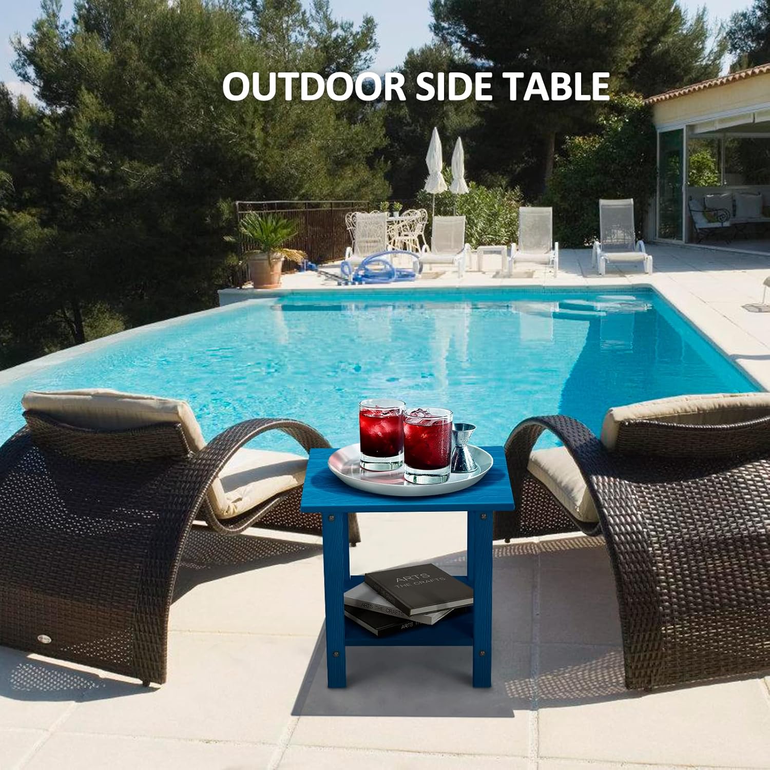 factory pack r2 Tier Outdoor Side Table with Wood-Like Grain, 16.6" HDPE Adirondack Table Patio Side Table, Weather Resistant End Table for Pool, Patio & Porch, Small Outdoor Table(Navy Blue, Rectangle) Navy Blue-wood Like Rectangle