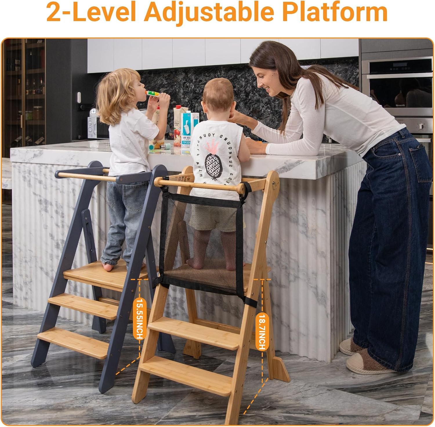 COSYLAND Foldable Toddler Standing Tower - Adjustable Height Folding Step Stool Kids Toddler Kitchen Stool for Learning and Cooking - Ages 18 Months to 6 Years with Safety Net Natural