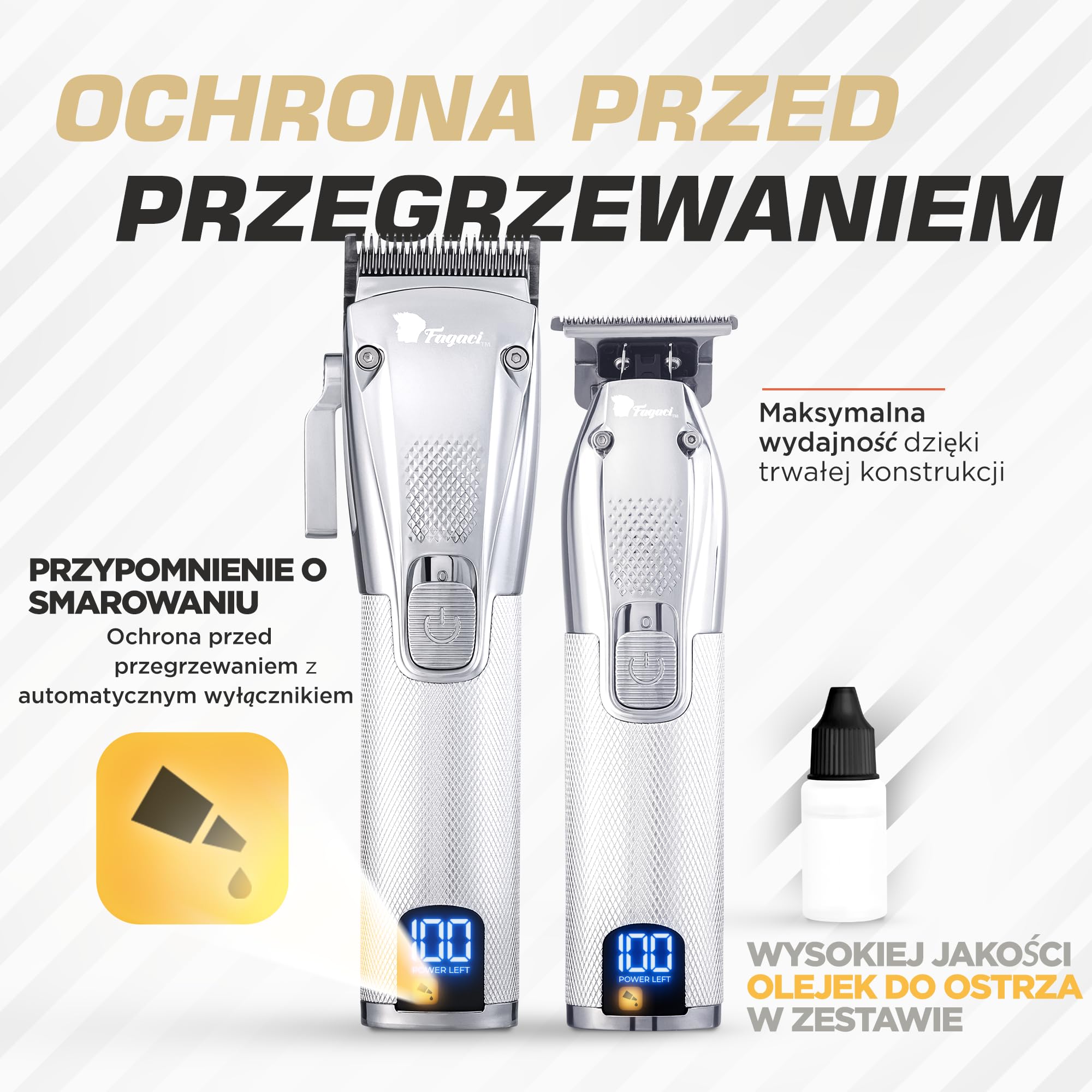 Fagaci Zestaw Maszynka i Trymer, Silniki Turbo, Bateria 5H i 3H, Stojak | Bateria starcza na 5 i 3 godziny pracy, Rekomendowane przez barberów, Ostrza z wysokowęglowej stali, Ciche silniki turbo