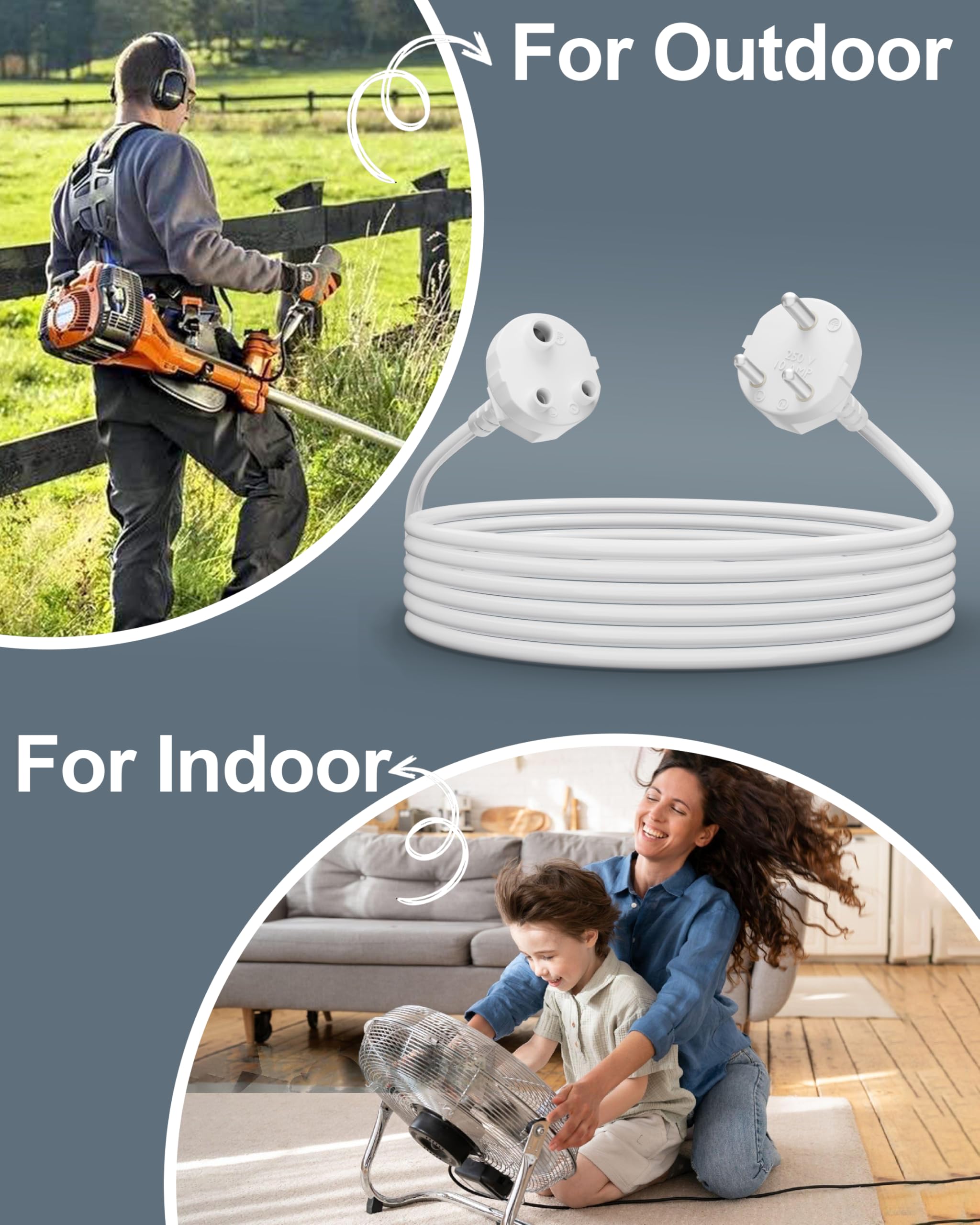 FEDUS Long 18AWG Heavy Duty Male to Female 3 Pin Power Extension Cord Wire, 10amp Indoor Outdoor Power Extension Electrical Extender Power Cable for appliances, Electronics, and Tools 3 Meter White — Amazon image 7