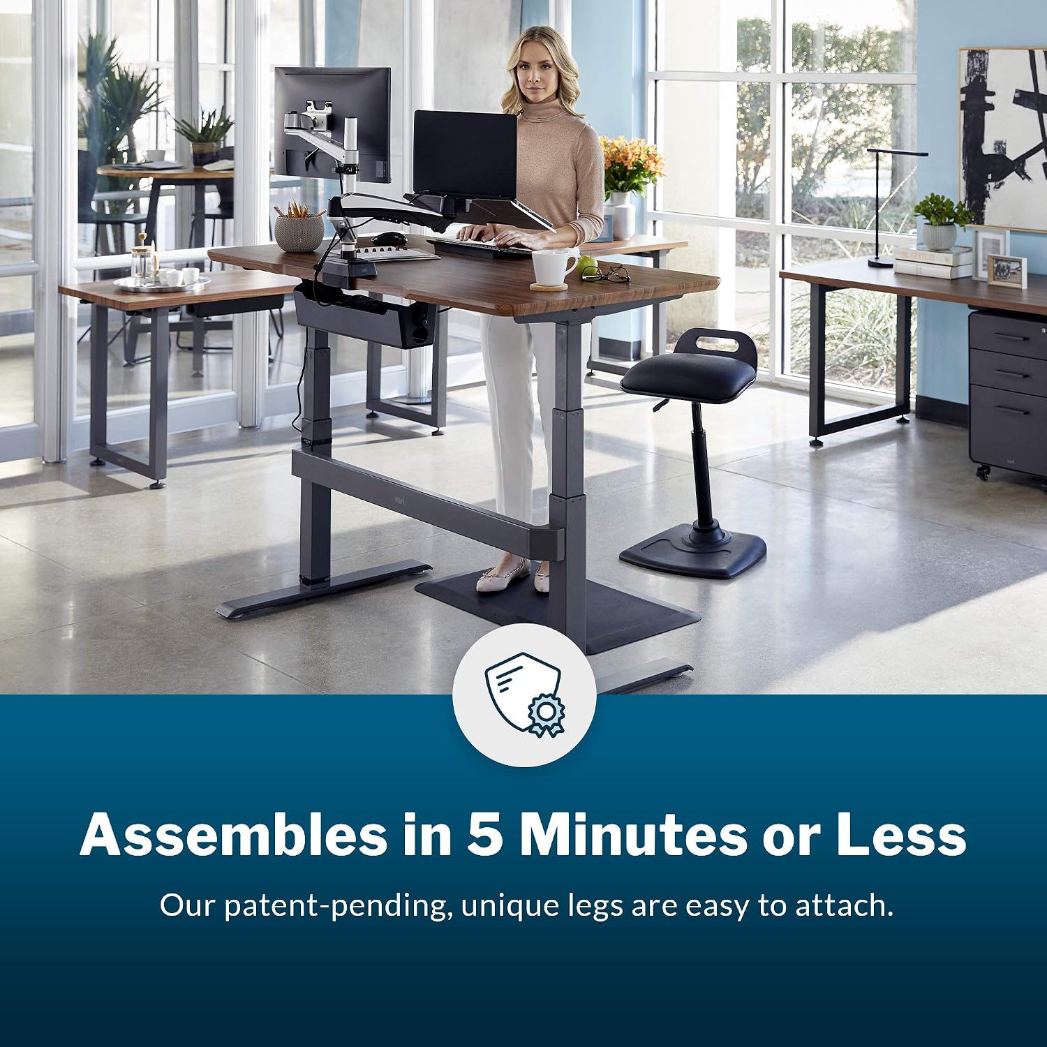 Vari Electric Standing Desk 60" x 30" (Discontinued Model) - Height Adjustable Sit to Stand Desk - Solid-Top Desktop with Included Crossbar and Cable Management Tray (Dark Wood)