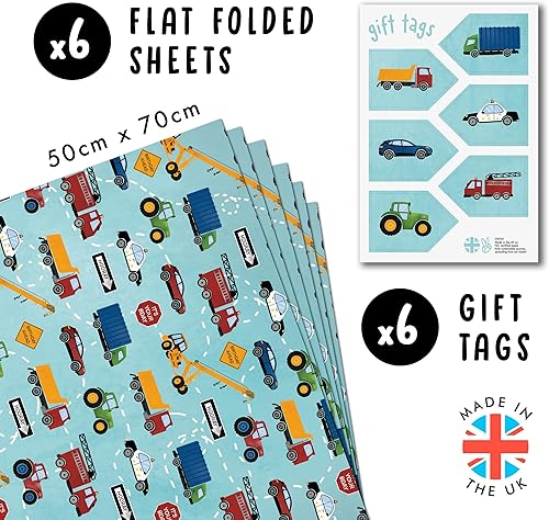Miniatura 2 de CENTRAL 23 Papel de regalo para niños, 6 hojas de papel de regalo de cumpleaños, autos de policía, camiones y tractores para niños, azul mate,