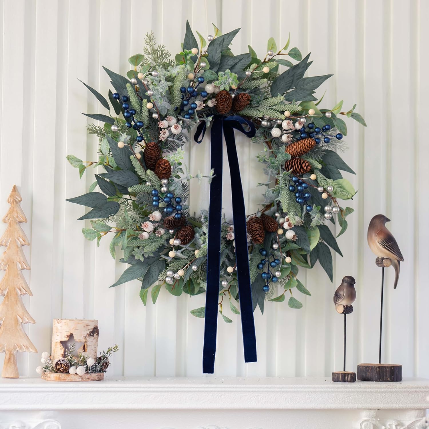 Winter Wreaths for Front Door 24 Inch Green Olive & Eucalyptus Wreath with Silver & White Berries, Pine Cones and Blueberries, Christmas & Holiday Indoor Outdoor Decor