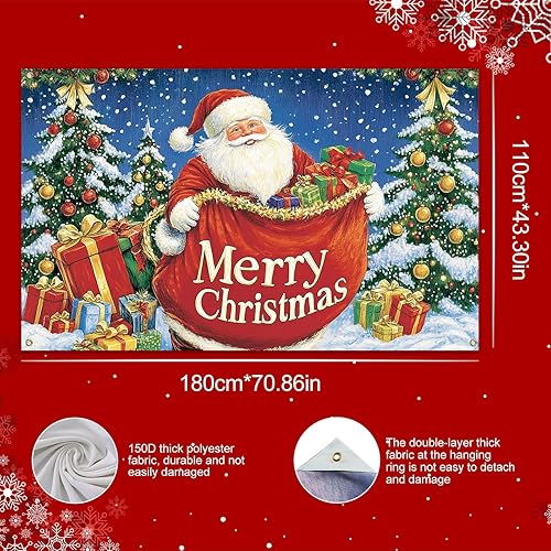 Miniatura 3 de Cartel de Feliz Navidad de Papá Noel de 71 x 43 pulgadas, telón de fondo navideño con bolsa de regalo y árbol de Navidad para interiores y
