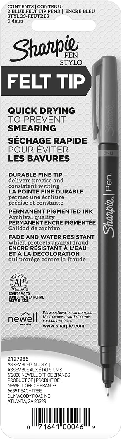 SHARPIE Felt Tip Pens, Fine Point, Blue, 2-Count