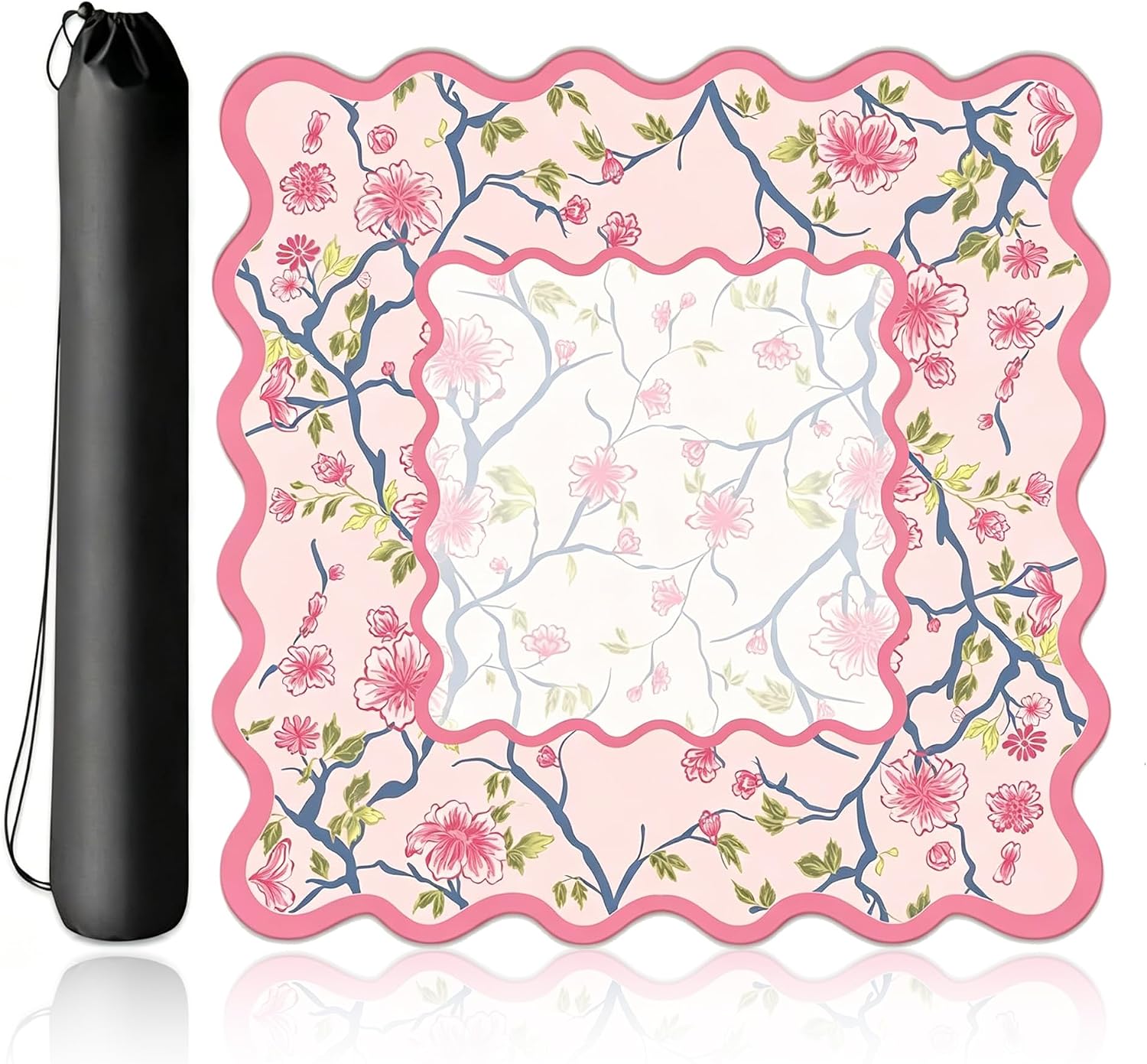 Scalloped Mahjong Mat with Storage Bag, 33” x 33” Widened and Thickened | Hand-stitched Mahjong Mat for Table, Anti-Slip Noise-reducing Waterproof Rollable Dominoes Game Mat with Flowers