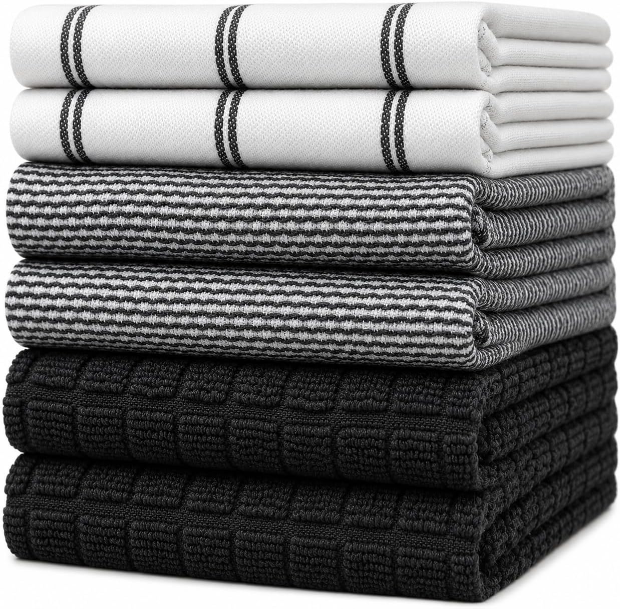 Premium Kitchen Towels 6 Pack 100% Cotton 20"x28" Dish Towels Black Check