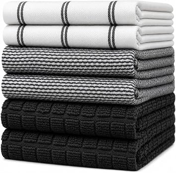 Premium Kitchen Towels 6 Pack 100% Cotton 20"x28" Dish Towels Black Check