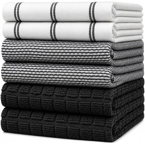 Premium Kitchen Towels 6 Pack 100% Cotton 20"x28" Dish Towels Black Check