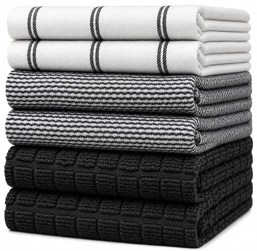 Premium Kitchen Towels 6 Pack 100% Cotton 20"x28" Dish Towels Black Check | Large Flat & Terry Kitchen Linen Set with Hanging Loops, Highly Absorbent for Washing and Drying Dishes