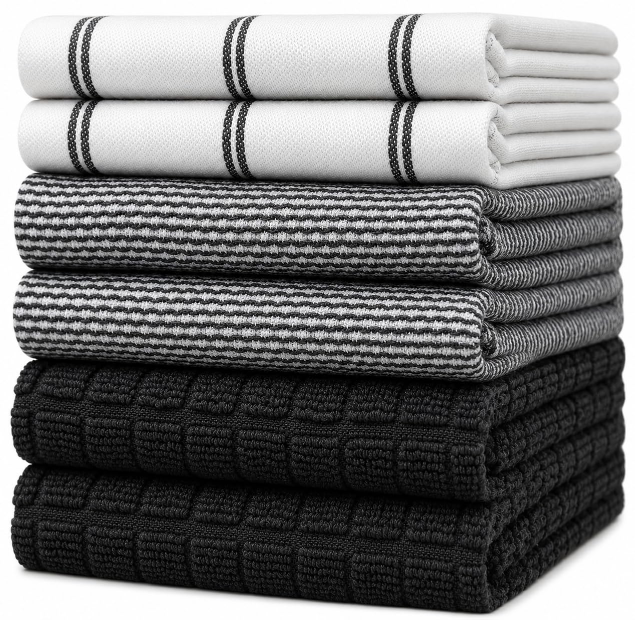 Premium Kitchen Towels 6 Pack 100% Cotton 20"x28" Dish Towels Black Check