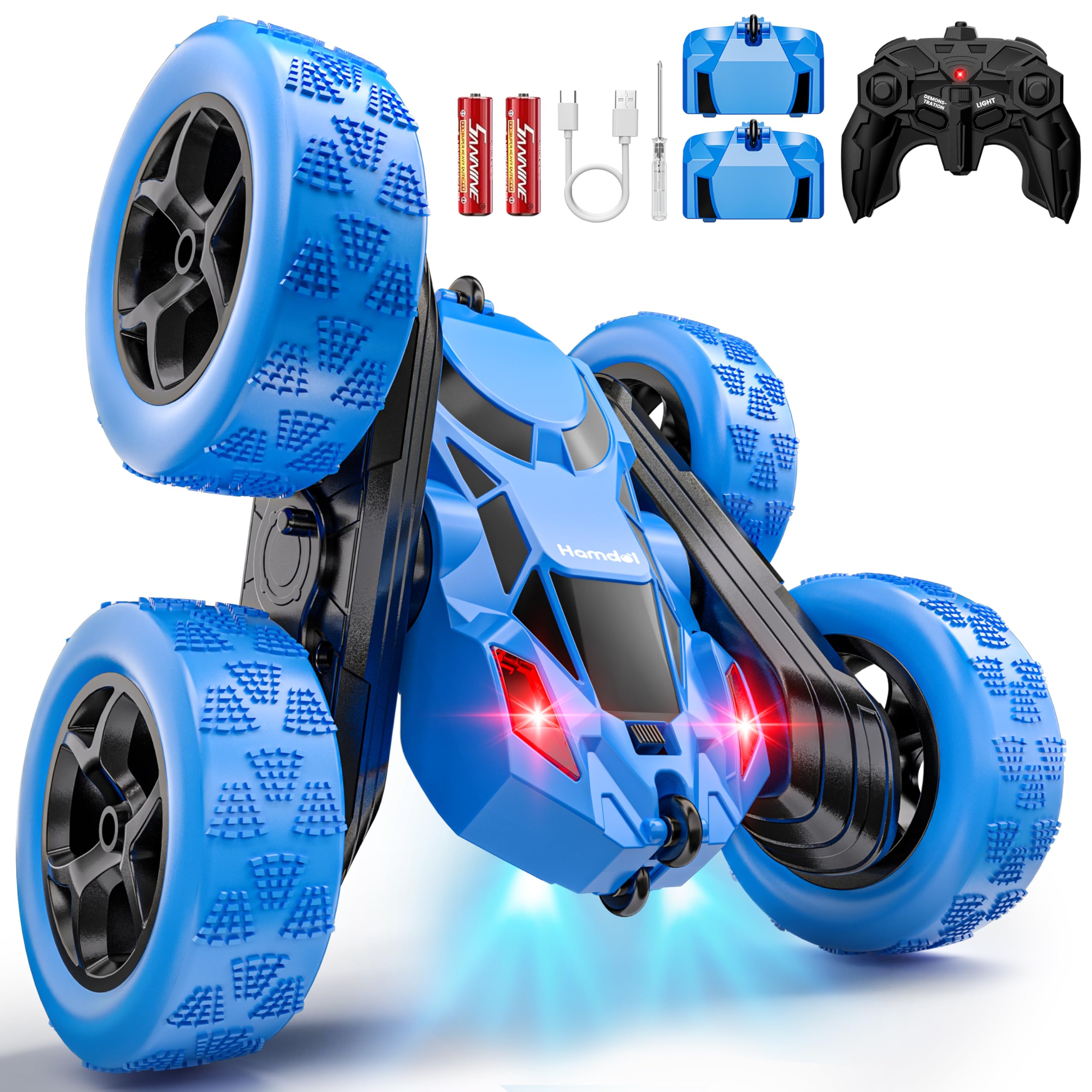 Hamdol Remote Control Stunt Car for Kids, 360° Spinning Double-Sided RC Toy with Headlights, 4WD USB-C Rechargeable Vehicle for Boys Ages 6–12, Educational STEM Toy
