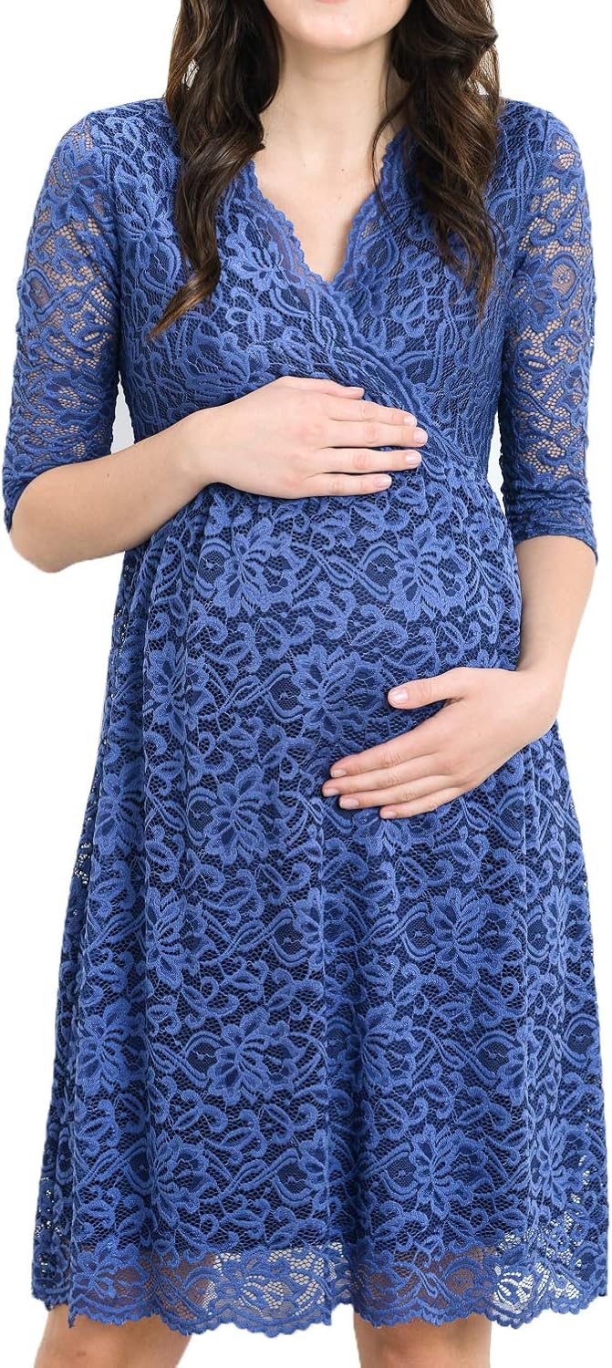 HELLO MIZ Women's Maternity Floral Lace Nursing Friendly Faux Wrap Dress (X-Small, Denim Blue)