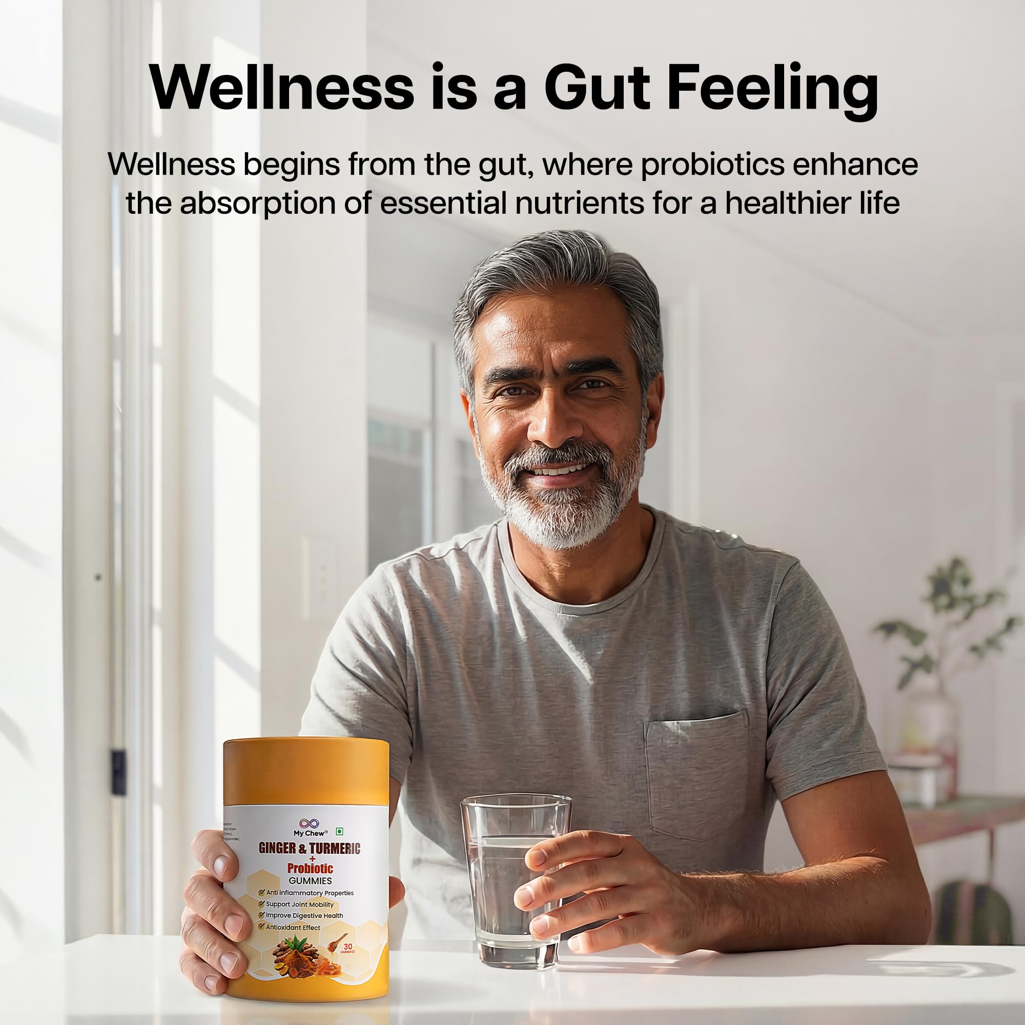 My Chew Probiotic Ginger & Turmeric Anti Inflammation Gummies, 1 Billion CFU Clinically Proven Immunity Booster With Ginger, Turmeric, Tulsi, Probiotic & Honey No Added Sugar, Gut Friendly, 30 Gummies — Amazon image 3