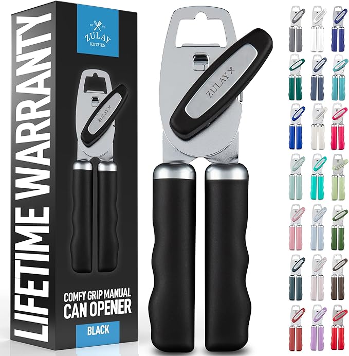 Zulay Kitchen Heavy Duty Stainless Steel Can Opener Manual with Bottle Opener - Rust Proof Manual Can Opener With Turn Knob & Comfy Soft Grip Handles - Emerald