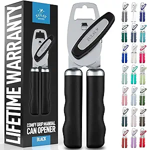 Zulay Kitchen Heavy Duty Stainless Steel Can Opener Manual with Bottle Opener - Rust Proof Manual Can Opener With Turn Knob & Comfy Soft Grip Handles - Black