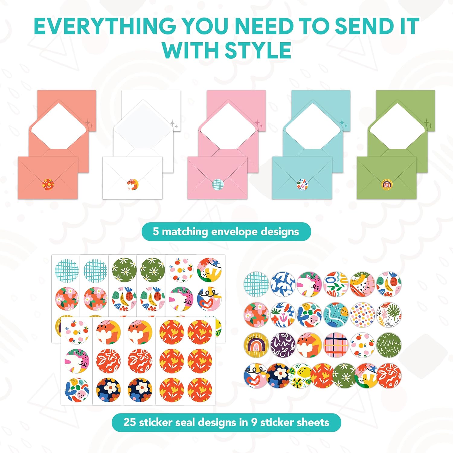 Decorably 50 Pack 4x6in Textured Modern Doodle Colorful Blank Cards and Envelopes with Stickers, 25 Fun and Stylish Designs for Family, Friends & Loved Ones - Birthdays, Appreciation, Gifting, Mailing - Image 8