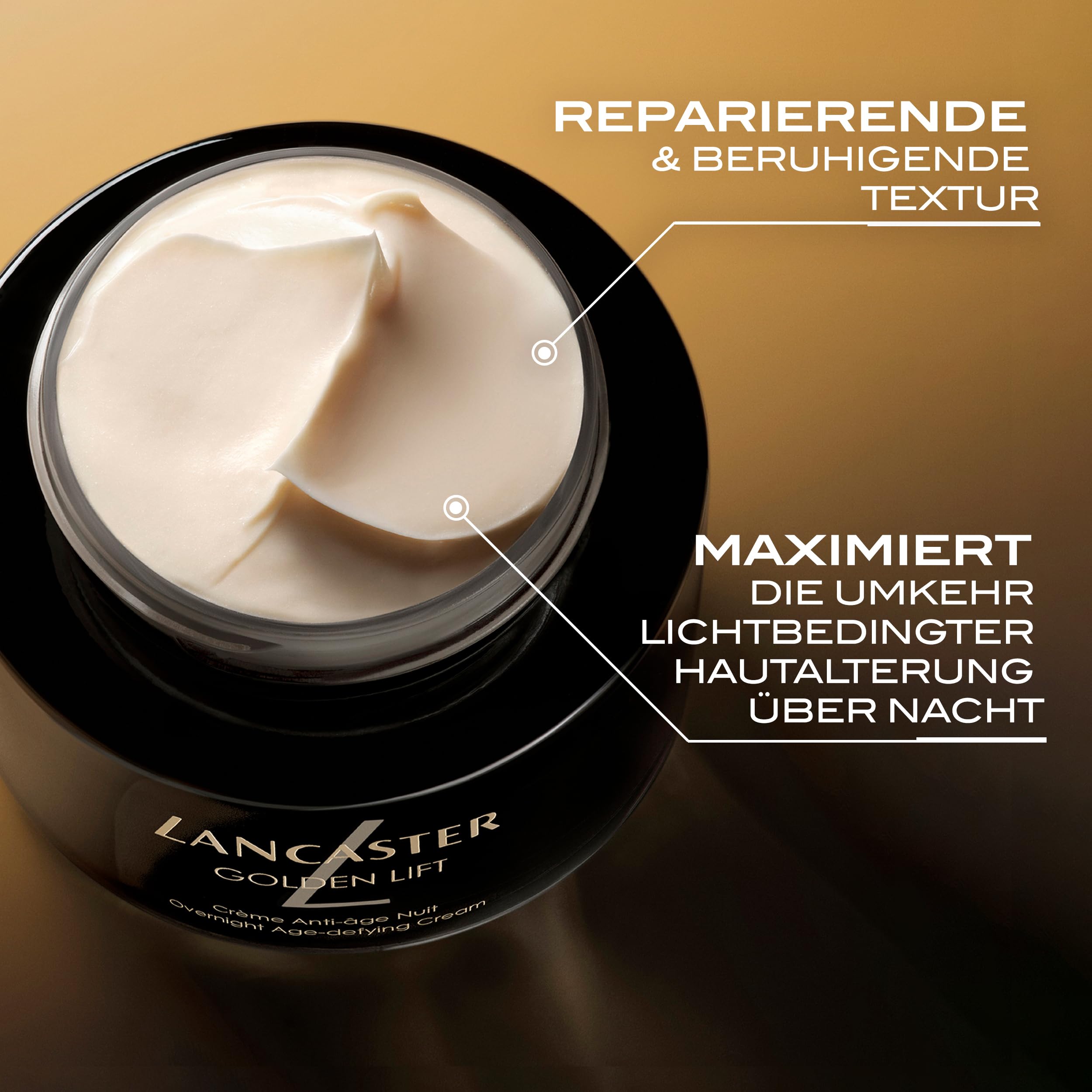 Lancaster Golden Lift Overnight Age-Defying Cream – Mit Retinol + Retinal – Bekämpft Anzeichen lichtbedingter Hautalterung – Kationisches liposomales Retinol – Mindert Pigmentflecken + Falten, 50 ml