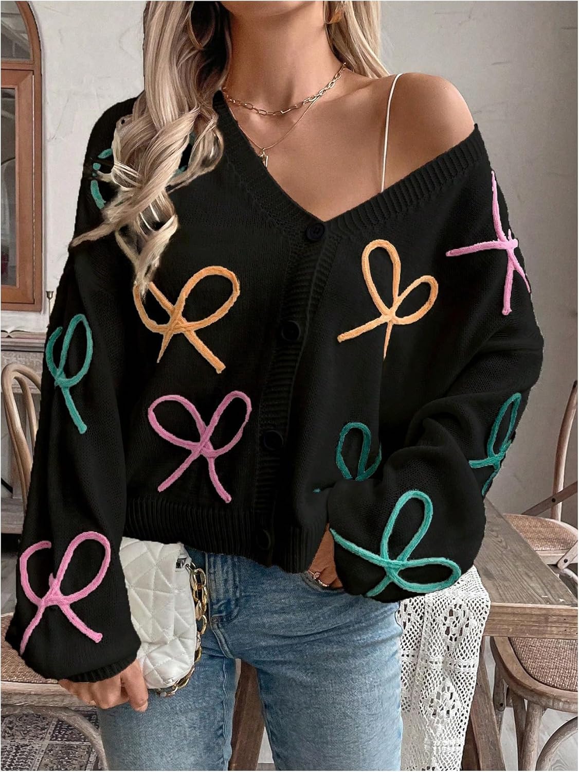 WDIRARA Women's Bow Cardigan Button Down V Neck Long Sleeve Drop Shoulder Knit Sweater - Image 5