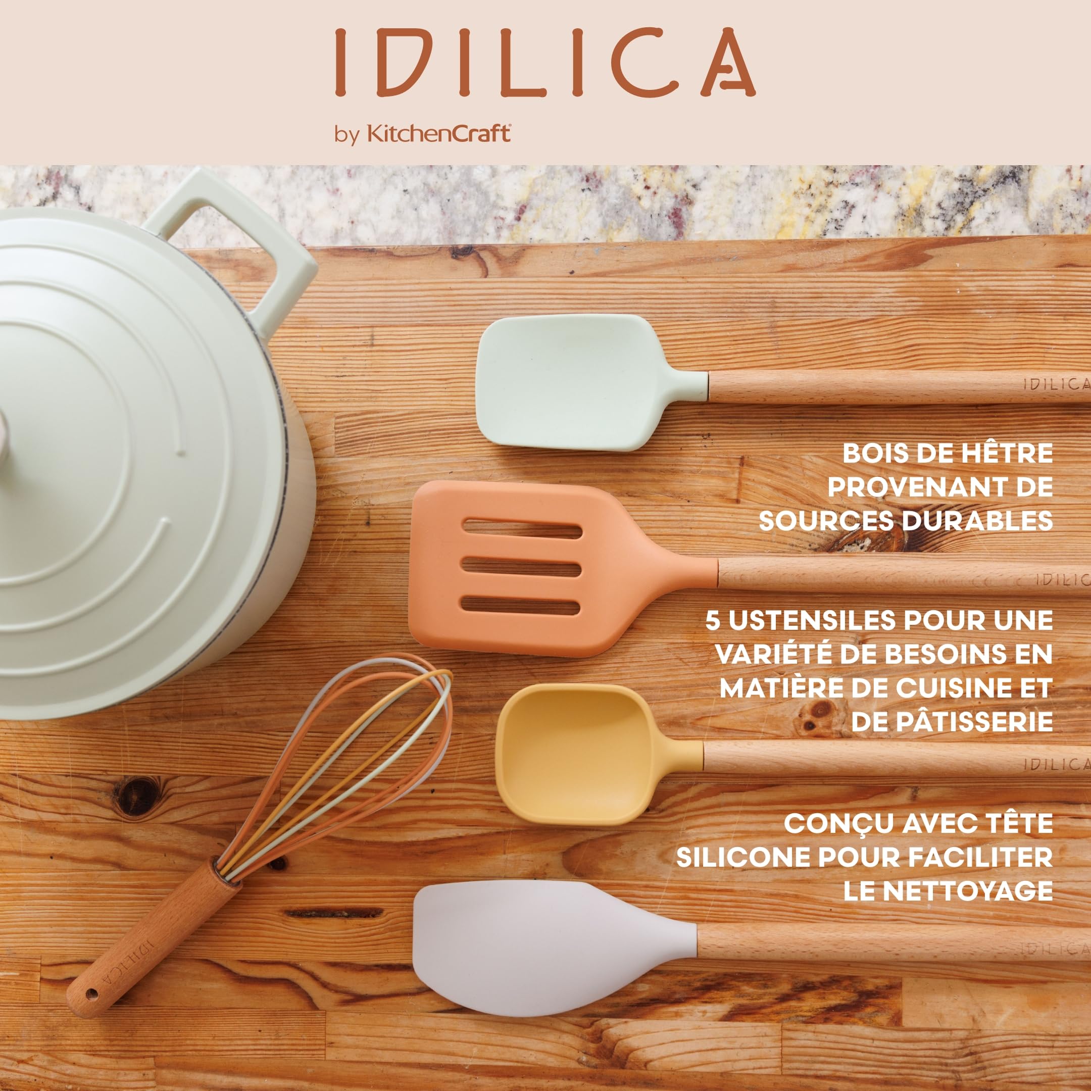 KitchenCraft Idilica Silicone Tool Set, 5pc Cooking Utensil Set with FSC Beechwood Handles, Multi-Colour Kitchen Tools