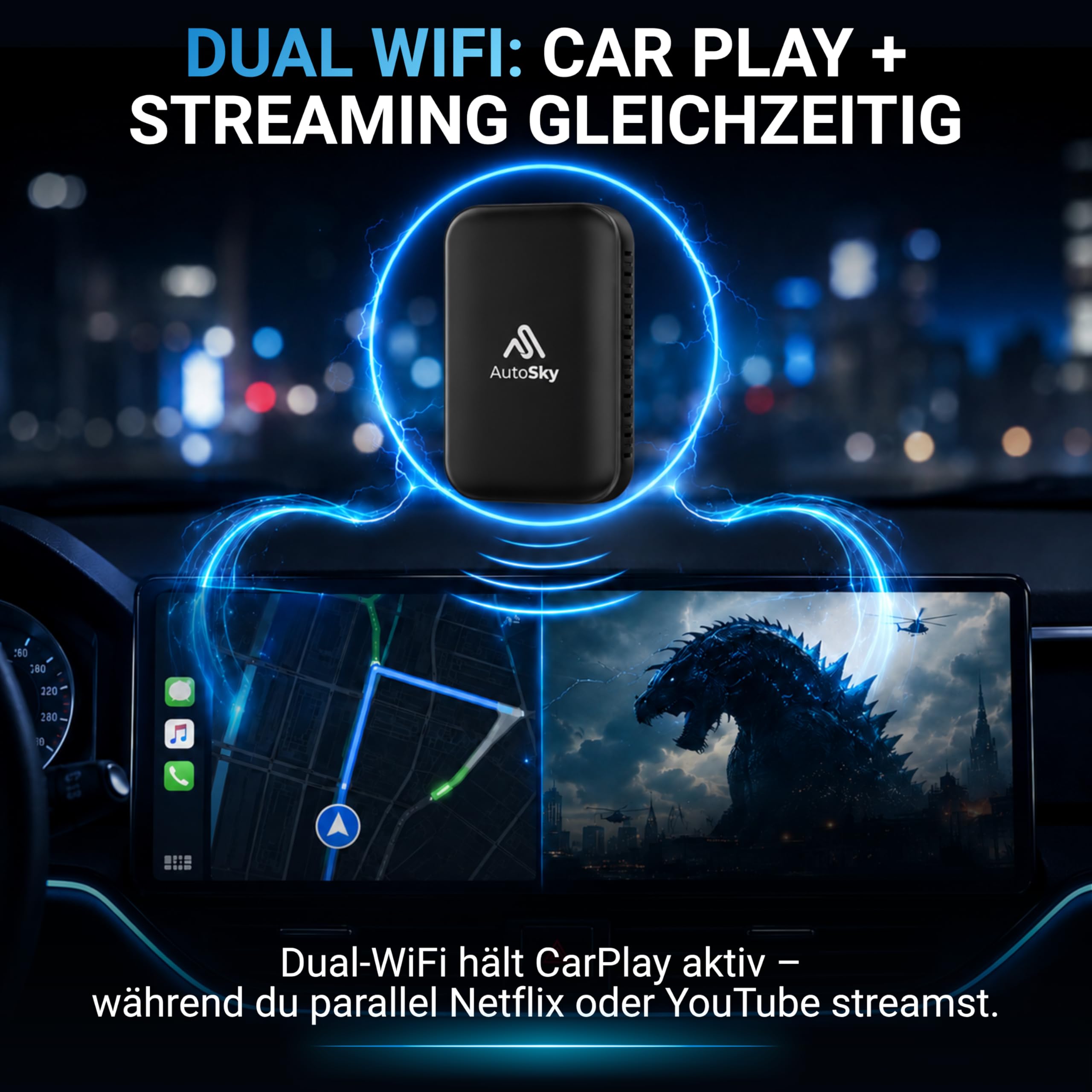 AutoSky AI Box Lite Plus 2.0 – Wireless CarPlay & Android Auto für werkseitig verkabelte Autos, Unterstützt Netflix & YouTube, Kabellos & Plug & Play | Plug & Play für werkseitig verkabelte Autos – Dual-WiFi, YouTube-Streaming, SD-Karte, Android 13