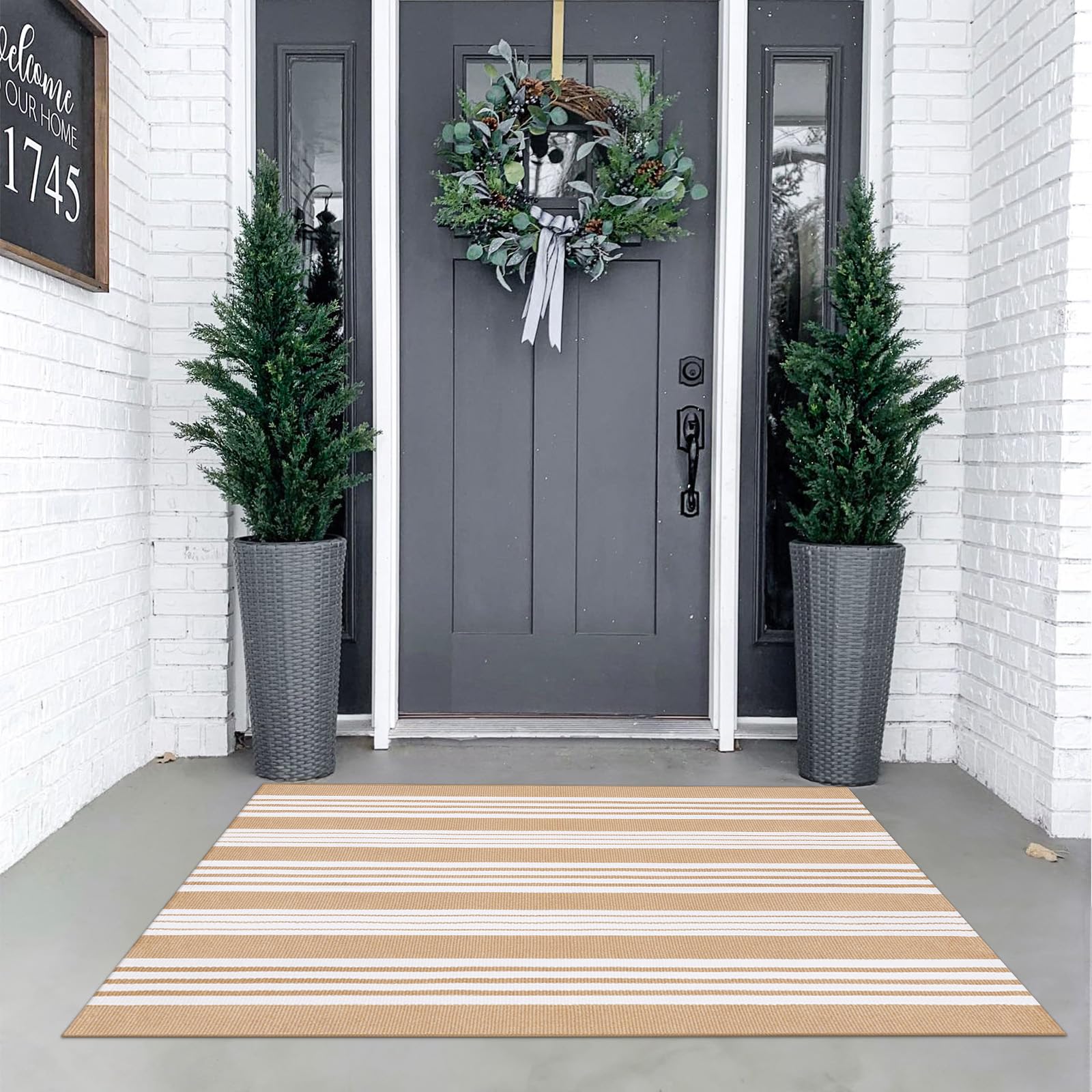 KIMODE Striped Outdoor Rug 3'x 5', Washable Reversible Outdoor Patio Rugs, Cotton Hand-Woven Farmhouse Welcome Layered Door Mats for Front Door, Entryway, Porch Decor, White and Khaki