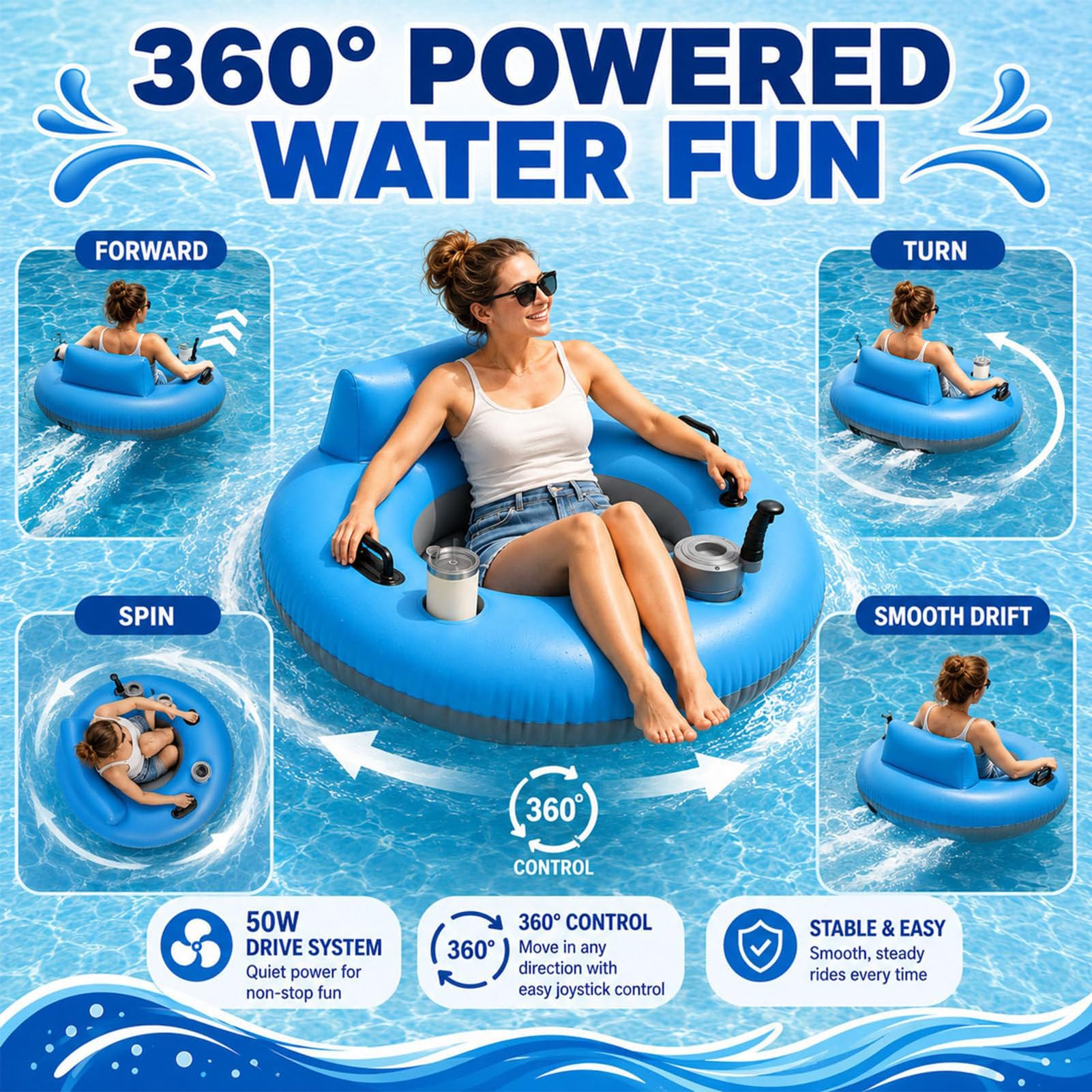 Chaise Longue de Piscine Motorisée, Flotteur électrique Rotatif 360 | Chaise Flottante 50 W avec Dossier, Sac De Rangement, Bouée Gonflable pour Adulte