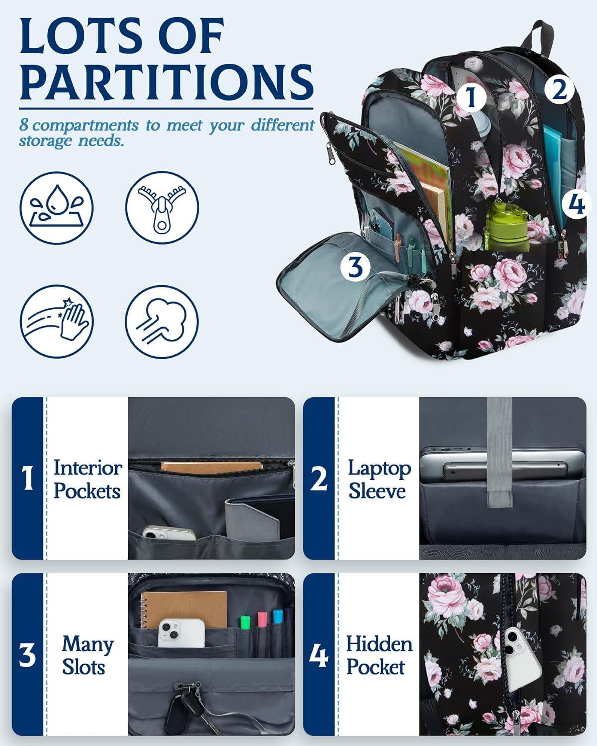 Large Backpack for Women Backpack with Lots of Pockets for Travel Work School Bookbag with Laptop Compartment for High School College Girls Mochilas Morrales para Mujer (Black/Pink, Floral) - Image 4