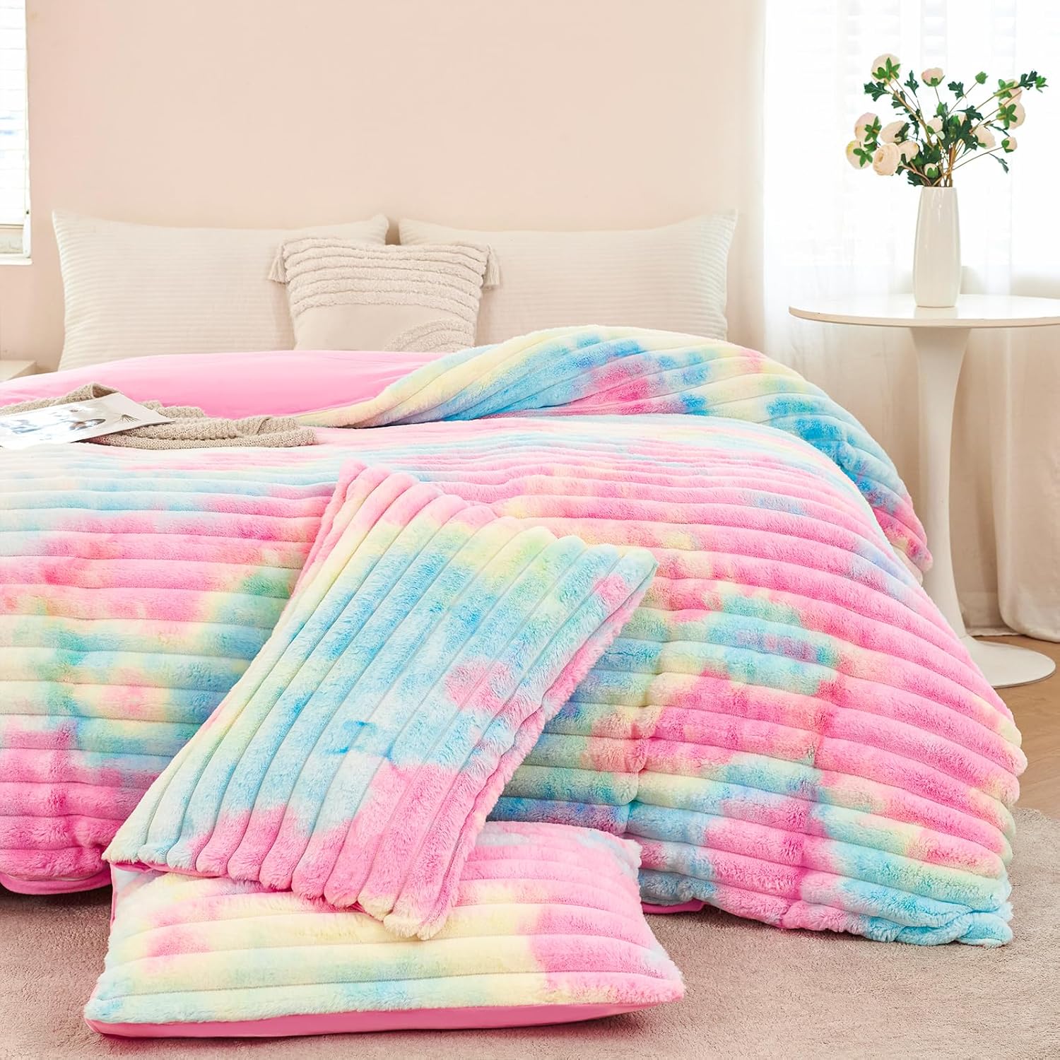ZRNBAST Faux Fur Fluffy Duvet Cover 3 Pcs Pink Girls Bedding Set Twin Size Rainbow Tie Dye Plush Furry Comforter Cover Luxury Fuzzy Heavy Bed Sets for Teens Women(Pink Rainbow, Twin)