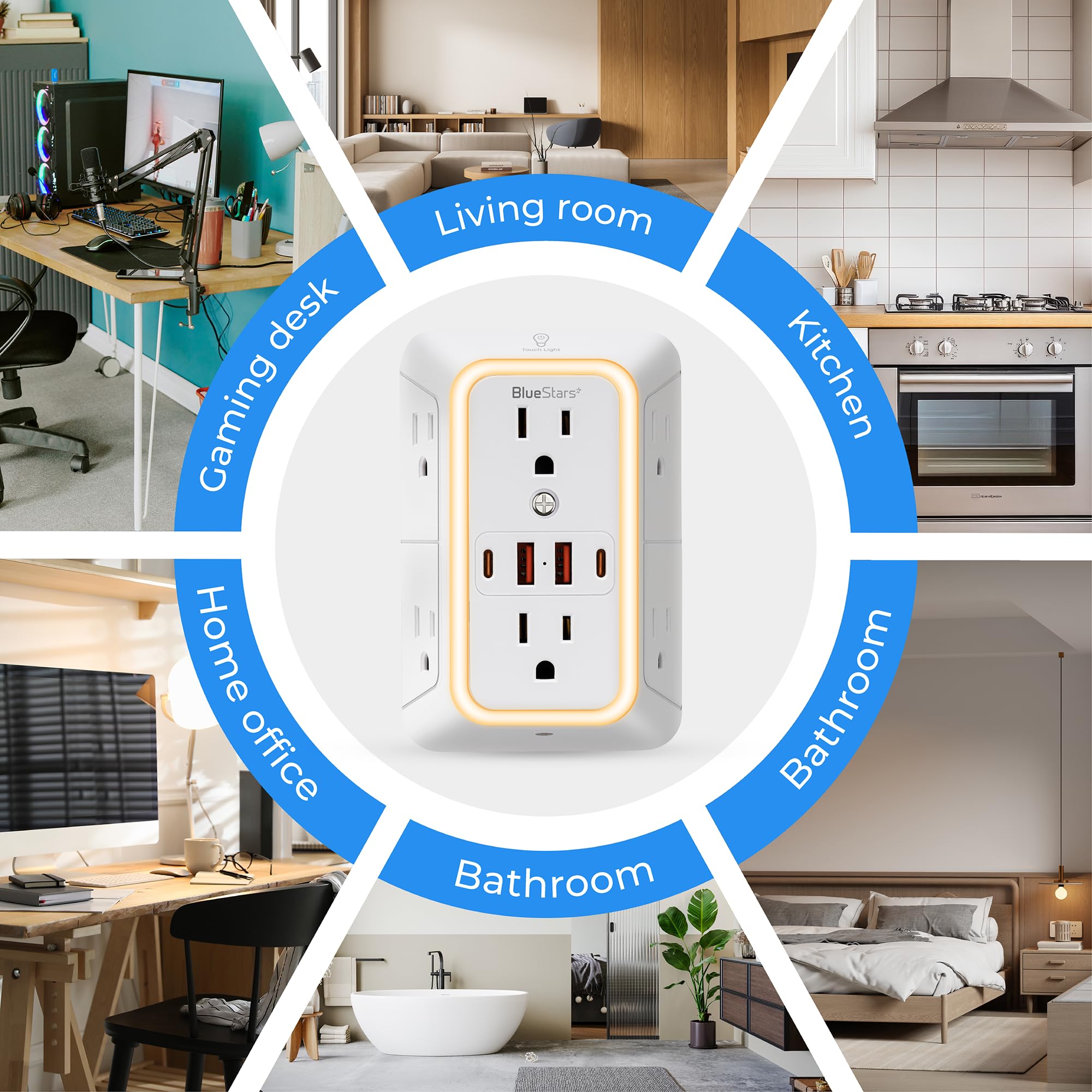 Cargador de pared USB con protector de sobretensiones de enchufe múltiple con 4 puertos USB y luz nocturna tira de alimentación de 3 lados con adaptador de tomas espaciadas