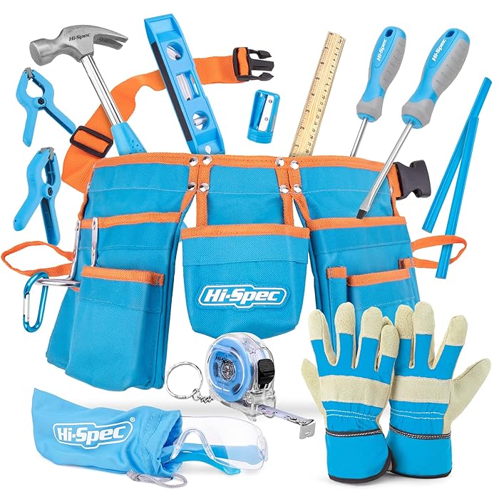 Buy HiSpec Blue Kids Tool Kit Set & Child Size Tool Belt. Real Metal