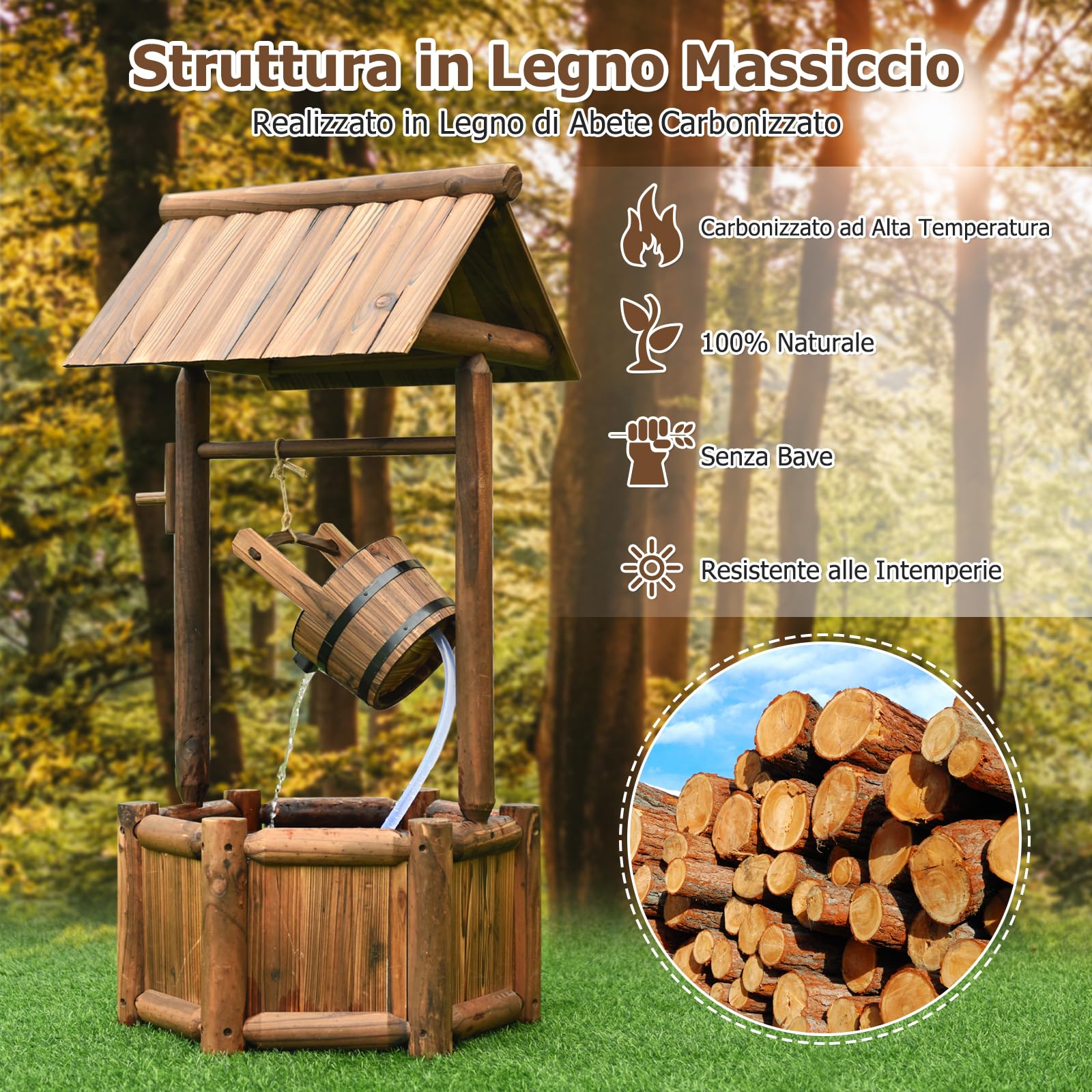 RELAX4LIFE Pozzo da Giardino, Pozzo Decorativo in Legno d'Abete con Tetto, Resistente alle Intemperie, Ideale per Giardino, Cortile e Terrazzo (Con Pompa)
